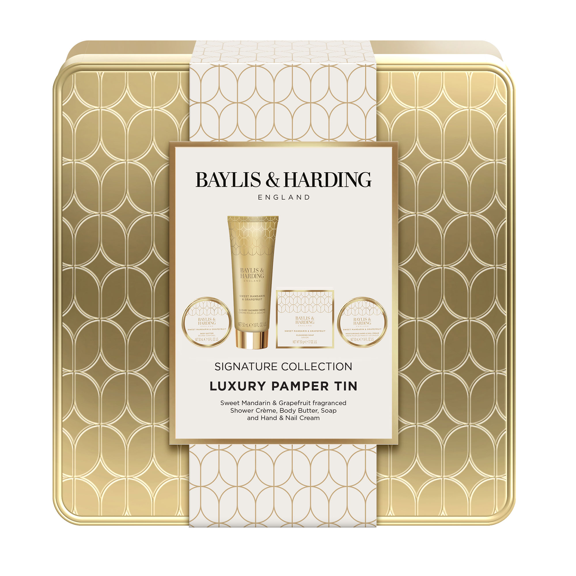 Набір Baylis &amp; Harding Sweet Mandarin &amp; Grapefruit Luxury Pamper Tin Gift Set (крем для душу, 50 мл + олія, 50 мл + крем для рук, 50 мл + мило, 50 г)